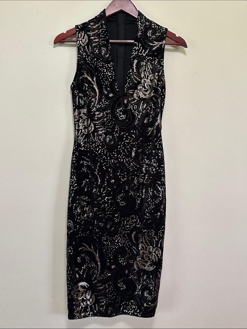 Windsor Black Velvet Midi Dress with Gold-Beige Floral Embroidery